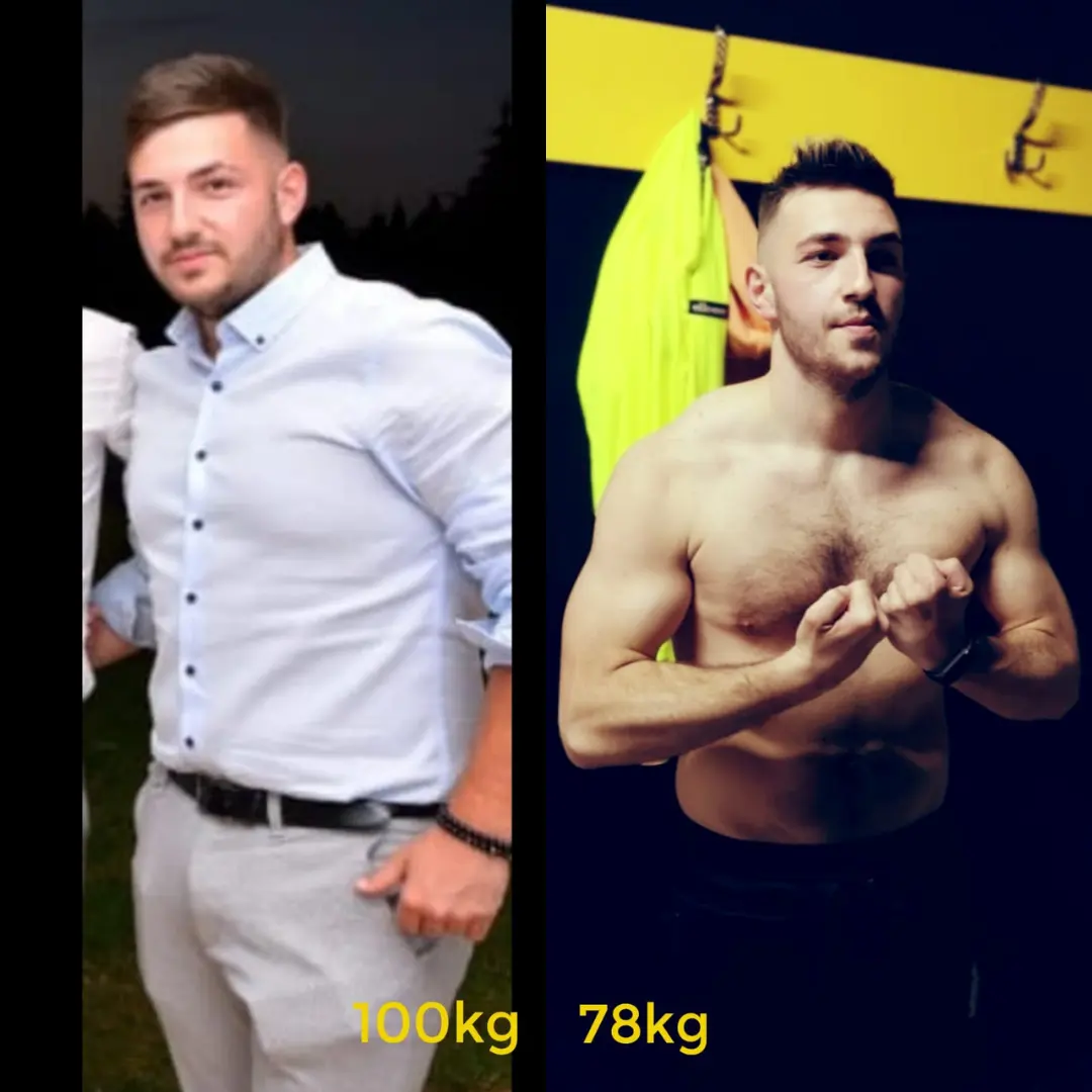 Clientul lui Ani Razvan Personal Trainer intr-o postare de tip before and after cu rezultatele obtinute ( a slabit 22kg )