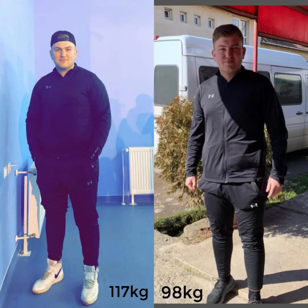 Clientul lui Ani Razvan Personal Trainer intr-o postare de tip before and after cu rezultatele obtinute ( a slabit 19kg )